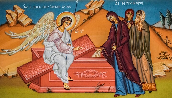 Ženy myronosice u Kristova hrobu po Jeho vzkříšení Zdroj:https://poustevnasophie.wordpress.com/2019/03/08/dvanact-apostolu-a-zeny-myronosice/