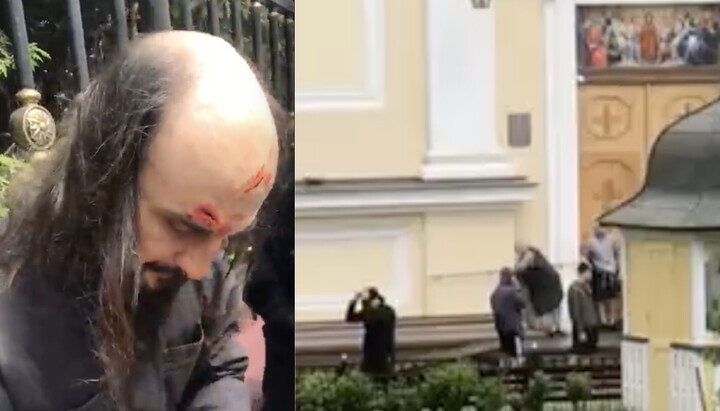 Zbitý kněz UPC a skupina útočníků na území chrámu. Zdroj: snímek obrazovky