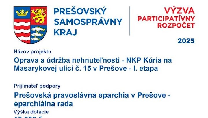 Prešovská eparchie získala dotaci na opravu historické kúrie