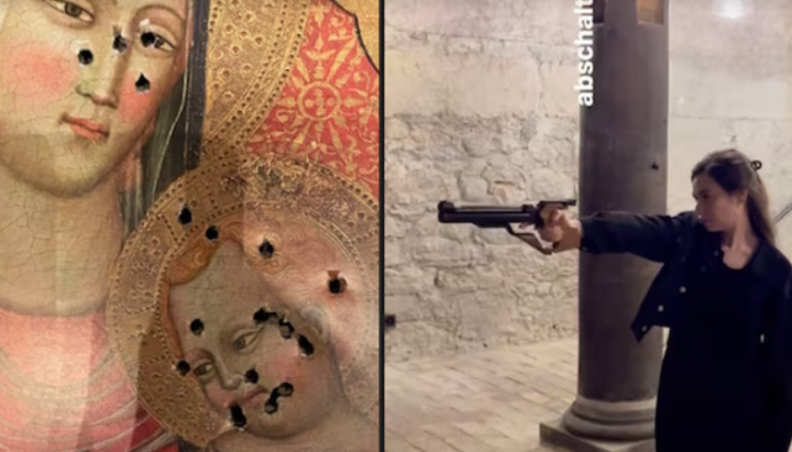 V roce 2024 použila Sanija Ameti reprodukci vyobrazení Madony s dítětem jako terč pro střelecký trénink a na Instagramu zveřejnila fotografie z této akce. Zdroj: Sociální sítě.