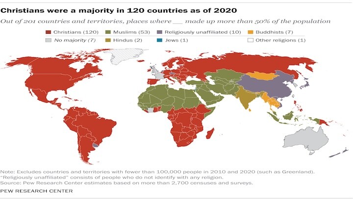 Mapa rozšíření křesťanství ve světě. Zdroj: Pew Research