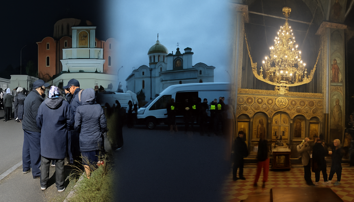 Policisté a věřící u katedrálního chrámu, eparchiální správy a duchovní školy Vladimir-Volyňské eparchie Ukrajinské pravoslavné církve. Zdroj: Raskolam.net