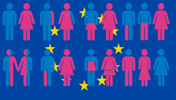 Ilustrace: symbolika genderové rozmanitosti na pozadí vlajky Evropské unie