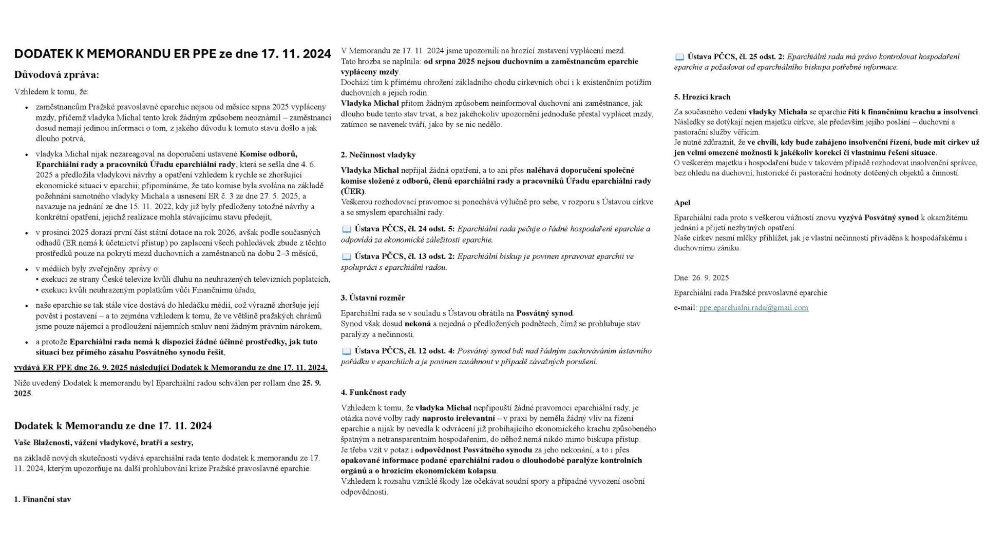 Eparchiální rada PPE upozorňuje na nevyplácení mezd a žádá zásah synodu фото 1
