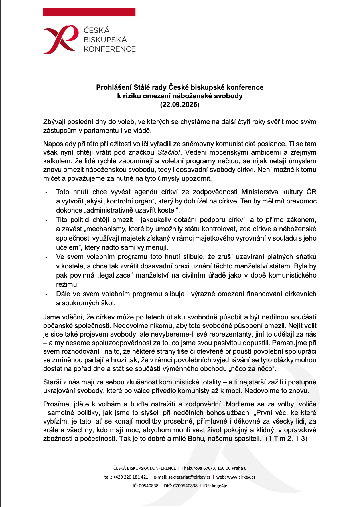 Prohlášení biskupů (ČBK) k riziku omezení náboženské svobody фото 1